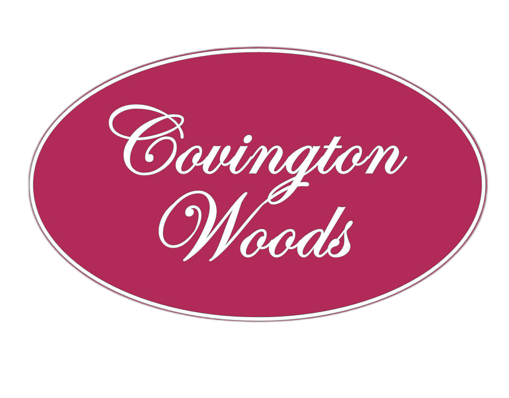 An oval shaped logo with the text Covington Woods written in white.